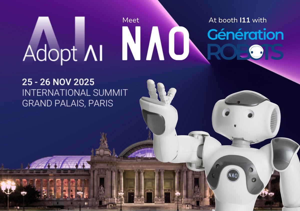 NaoRobot's tweet image. Adopt AI with NAO!

#NAO will be present at the ADOPT AI International Summit alongside @GenerationRobot , booth I11.

#Robotics &amp;amp; #AI for #Education &amp;amp; #Healthcare