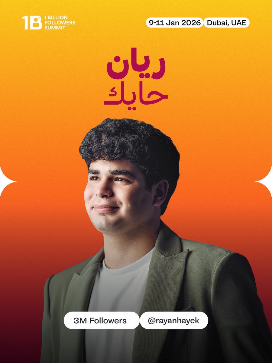 1billionsummit's tweet photo. ريان حايك، من أبرز الشخصيات الإعلامية وصنّاع المحتوى في العالم العربي، ينضمّ كمتحدث إلى #قمة_المليار_متابع. 🎙️✨ 
بدأ مسيرته بعمر 12 عامًا بصناعة فيديوهات مرِحة وواقعية، قبل أن يلمع نجمه كمحاور بارع من خلال برامج ناجحة مثل «نجوم على المسرح» و«بيْناتنا»، حيث حاور عشرات الشخصيات السياسية والفنية والإعلامية الكبرى.
أُدرج اسمه في قائمة Forbes 30 Under 30، وحصد عدّة جوائز من بينها أفضل مؤثّر في لبنان وجائزة الشرف من نقابة الصحافة العراقية.

🎟️ لا تفوّت فرصة لقائه في أكبر قمّة لصنّاع المحتوى في العالم، واحجز تذكرتك الآن!
https://t.co/EEGQgcDUZ9

@Rayanhayekk, a leading Lebanese media personality and host of “Baynetna”, is joining the #1billionsummit 🎙️✨
Known for his impactful interviews and storytelling, he continues to inspire audiences across the Arab world with his authentic voice and engaging conversations.

🎟️ Don’t miss out, get your ticket now!
https://t.co/EEGQgcDUZ9