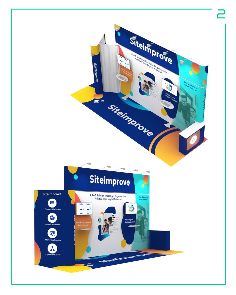 Quadrant2Design's tweet image. Colourful 6m x 2m peninsula exhibition stand ideas for Siteimprove. 

The stand features:

- High-level Branding
- AV Display
- Branded Plinth
- Backlit Icons
- Floating Shelves
- Storage Area
- Quadrant2Design Photo-floor