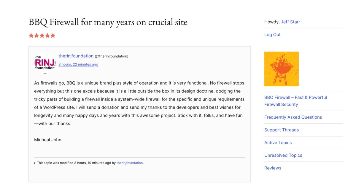 perishable's tweet image. Fuel for the fire 🔥 Recent review for my free #WordPress #plugin BBQ Firewall