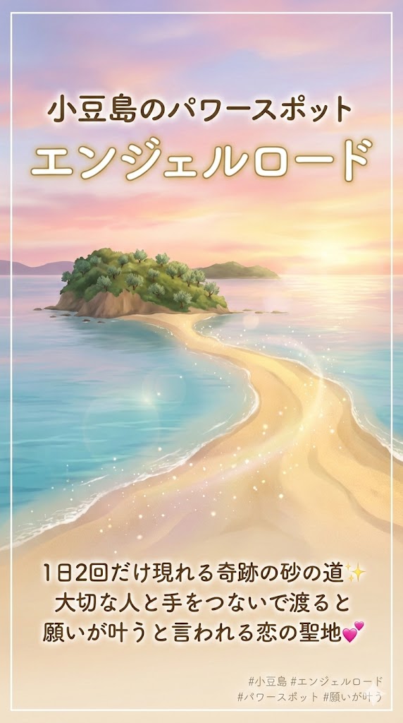 nikken_free's tweet image. 🌟 #わたしのパワースポット  小豆島・エンジェルロード 💙✨

1日2回だけ現れる、奇跡の砂の道。
干潮のタイミングでしか姿を見せないこの道は、
まるで天から降りてきた天使の足跡のようで、
そこを大切な人と手をつないで渡ると、
心の奥底の願いが天に届くと伝わっている…💕…