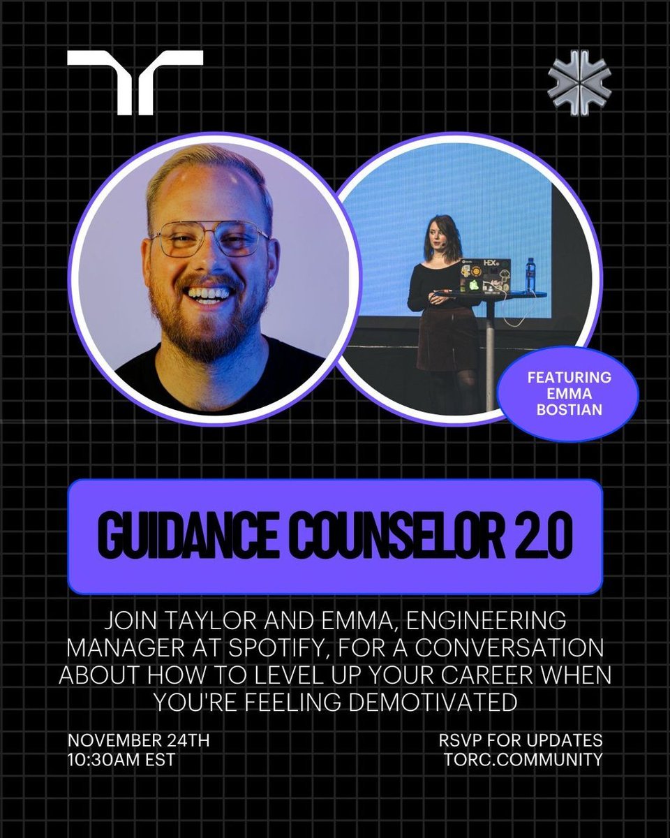 torcdotdev's tweet image. Remember guidance counselors? Yeah, we need that for our tech careers too.

This monday, @EmmaBostian (Engineering Manager @ Spotify, author, podcaster) joins @tdesseyn to drop knowledge on landing roles, leveling up, and balancing leadership with life.

If you&apos;re job searching…