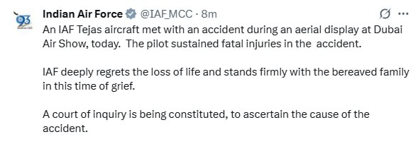 uttam_rss's tweet image. 🚨🇮🇳 दुबई एयर शो में क्रैश हुए तेजस फाइटर जेट के पायलट की मौत: भारतीय वायुसेना

एक्सीडेंट का कारण पता लगाने के लिए कोर्ट ऑफ इन्क्वायरी शुरू की जा रही है।