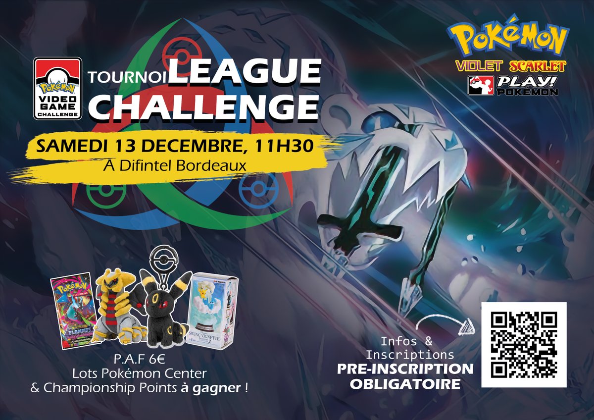 📣VG League Challenge de Bordeaux - Décembre 2025

📅Samedi 13 décembre
🕙11h30
🗺️Difintel Bordeaux
🎟️6€ 
🎁 CPs et goodies Pokémon Center à gagner
📜Règlement F, BO3

‼️PREINSCRIPTION OBLIGATOIRE !
💡Infos pratiques et préinscription -> forms.gle/eEAu1tsAeiQ3oS…