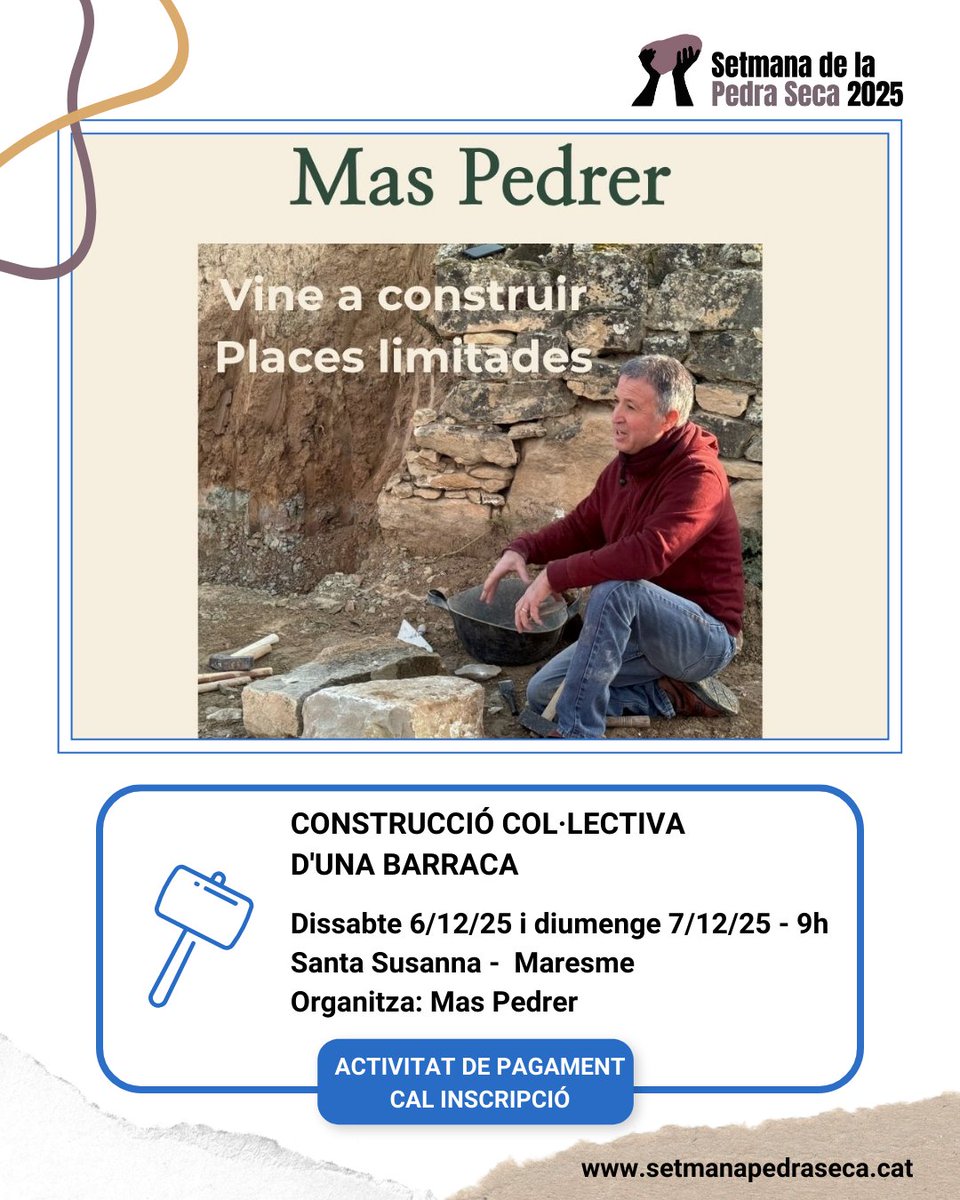 SetmPedraSeca's tweet image. 🔵APRENENTATGE
⚒️Construcció col·lectiva d&apos;una barraca

🗓6-7/12
⏰9h
📍Santa Susanna
📌Organitza: Mas Pedrer
➕Info, calendari i mapa👇
setmanapedraseca.cat/activitats/age…

#SetmanaPedraSeca25 #PedraSeca