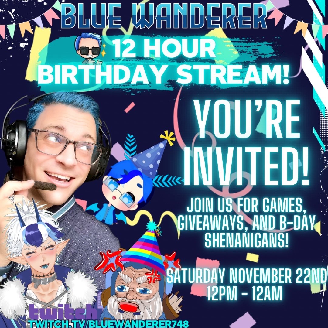 🎉12-HR Birthday Stream TMRW🎉
So excited to spend the day with you all tomorrow!

We’ve got some amazing guest appearances, giveaways, gameplay (yes even spooky games) and crowd control chaos? Sounds like a party to me! 😉💙