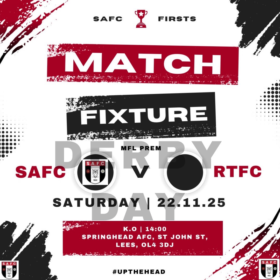 SpringheadAFC's tweet image. ‼️ NEXT UP - DERBY DAY‼️ 

The firsts are at home this week vs Royton Town firsts - KO 2pm

Get down and support the lads!💪🏼

#UpTheHead
🇾🇪🔴⚫️