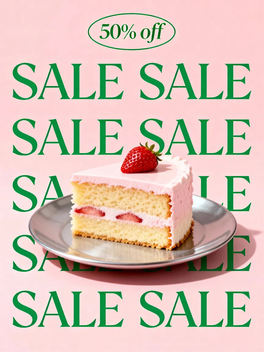 s_mohinii's tweet image. X-Design&apos;s Agent simplifies brand creation and asset management.

Prompt:
&quot;Create a minimalist sale poster: light pink background, no shadows. Repeating &apos;SALE&apos; in thin, italic cadmium green. Foreground: strawberry cake on a silver plate. Top: oval &apos;50% off&apos; label.”

The result: