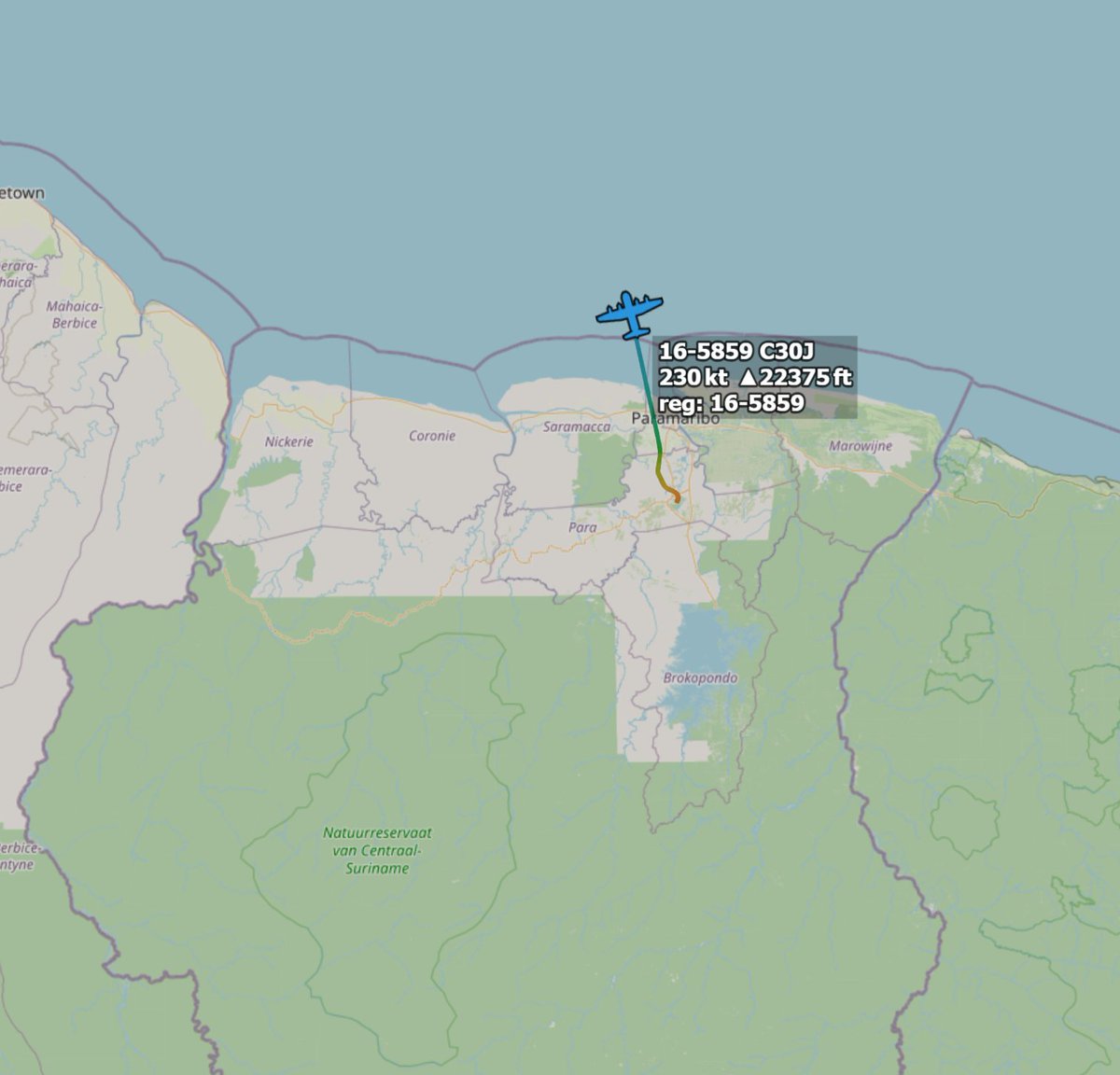 r4streando's tweet photo. #AE5F0D | 16-5859 | C30J 

2025-11-21 14:53Z.
Lifting out of Paramaribo, Suriname. 
Tracking NNW. https://t.co/kEU3968Ogc