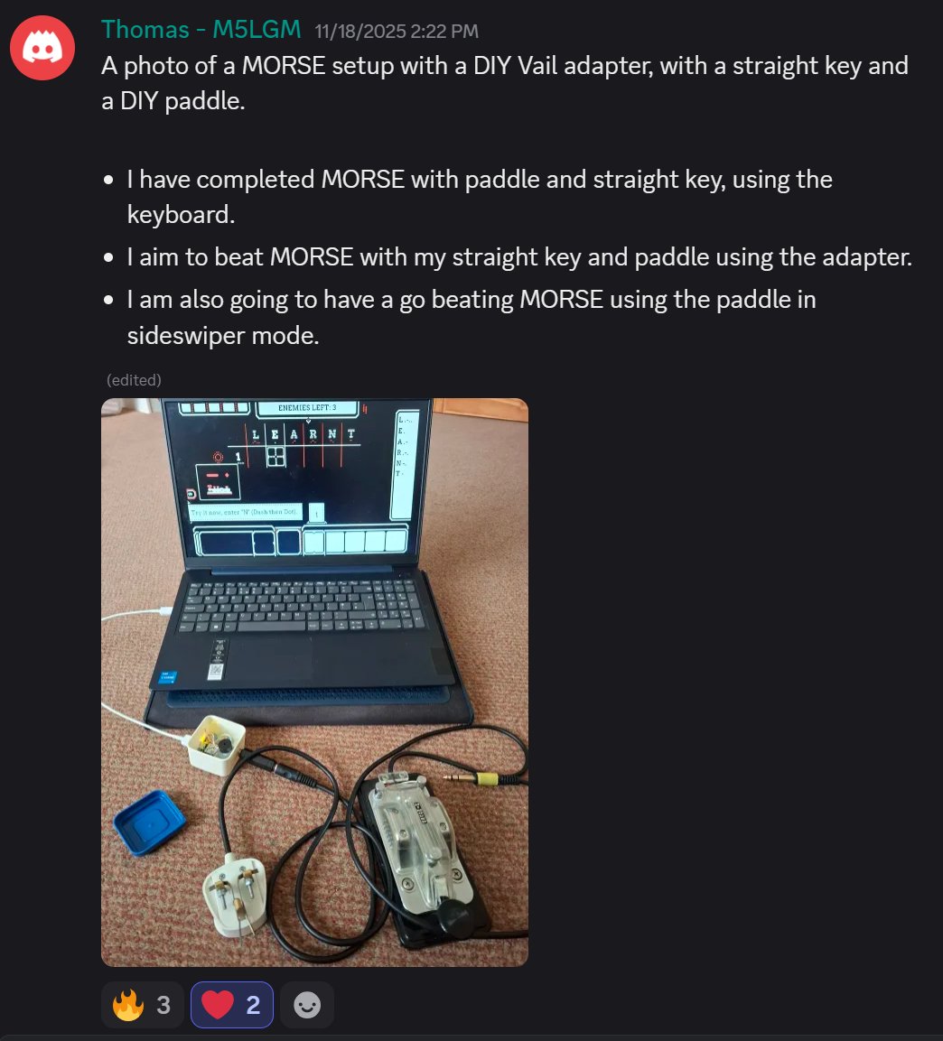 alexvscoding's tweet image. These are my kind of people. It&apos;s so satisfying to see that with even a small amount of encouragement, folks will venture far outside the box of how we conventionally control games, and how abundant and varied that expression becomes!
#hamradio #morsecode #gamedev #altctrl #morse