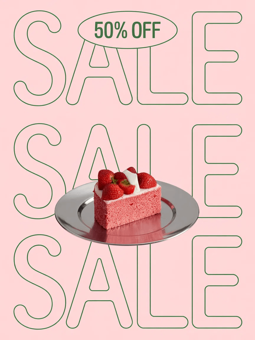 s_mohinii's tweet image. X-Design&apos;s Agent simplifies brand creation and asset management.

Prompt:
&quot;Create a minimalist sale poster: light pink background, no shadows. Repeating &apos;SALE&apos; in thin, italic cadmium green. Foreground: strawberry cake on a silver plate. Top: oval &apos;50% off&apos; label.”

The result: