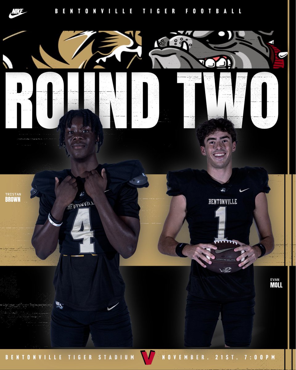 BvilleFB's tweet image. Back in Black⚫️

Playoff football tonight at Tiger Stadium. 7A quarterfinals kickoffs tonight and our quest to the rock starts now! Win or go Home.

Bentonville vs Springdale 
📍Tiger Stadium
⌚️ 7:00 pm Kickoff
📺 gobentonvilletigers.com

#TigerDNA #DFT