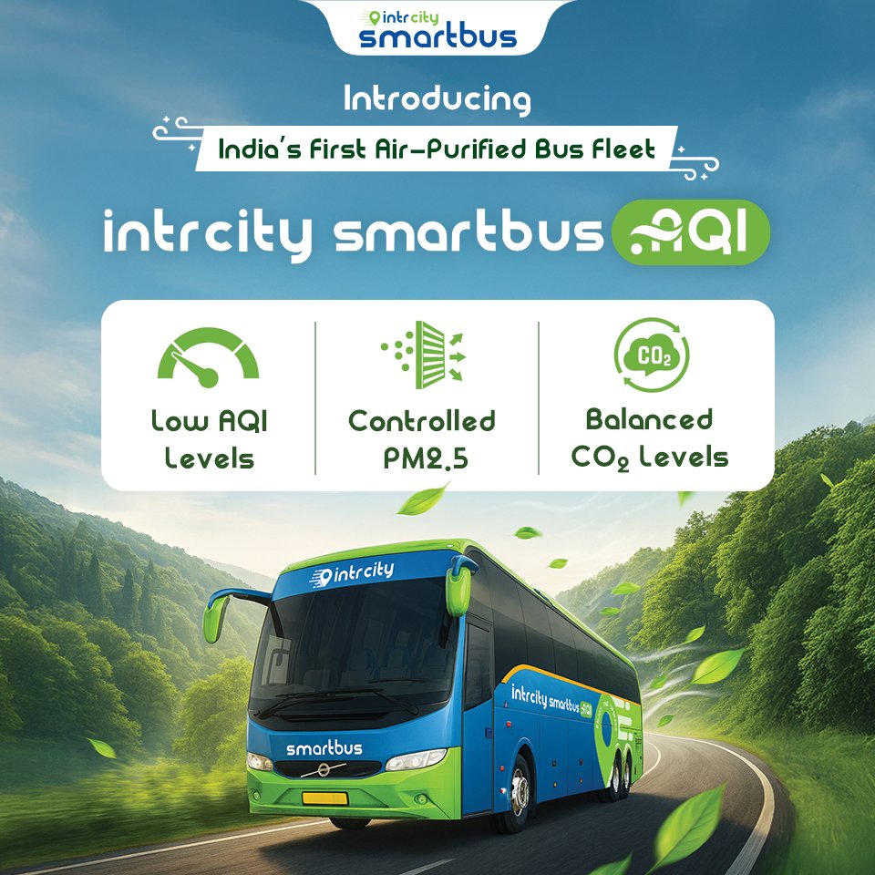 Clean air, backed by science.
Our purification technology is developed with #Respirer, a ClimateTech leader in air-quality intelligence. Together, we’re bringing safe breathing to long-distance travel.
Proud to introduce IntrCity SmartBus.AQI-India's first air-purified bus fleet.