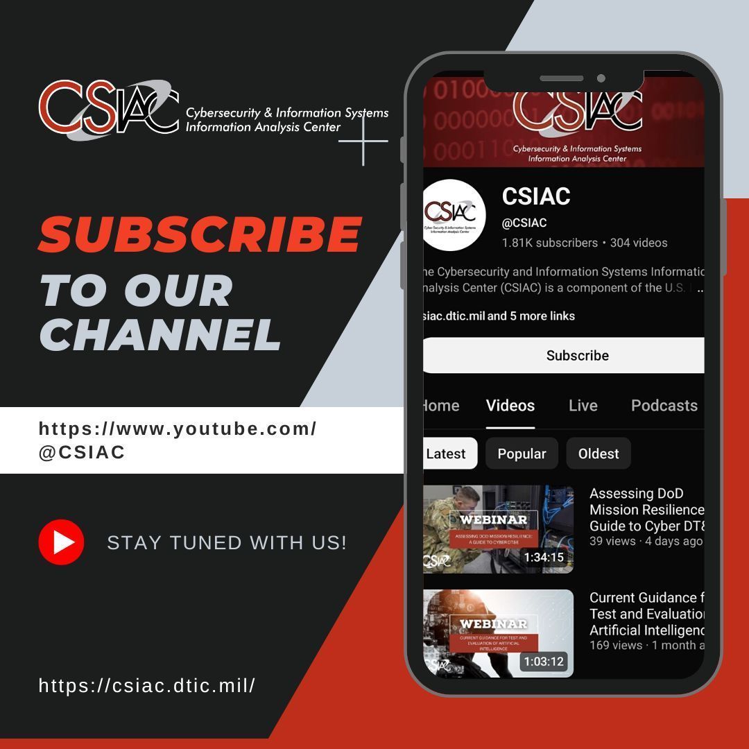 DoD_CSIAC's tweet image. Stay tuned to technical presentations within the cybersecurity community by subscribing to CSIAC&apos;s YouTube channel.

View here: buff.ly/Xzcmbm5.

#cybersecurity #datamanagement #informationsystems #modelingandsimulation #artificialintelligence #ai #ml #quantum #vr #xr #ar