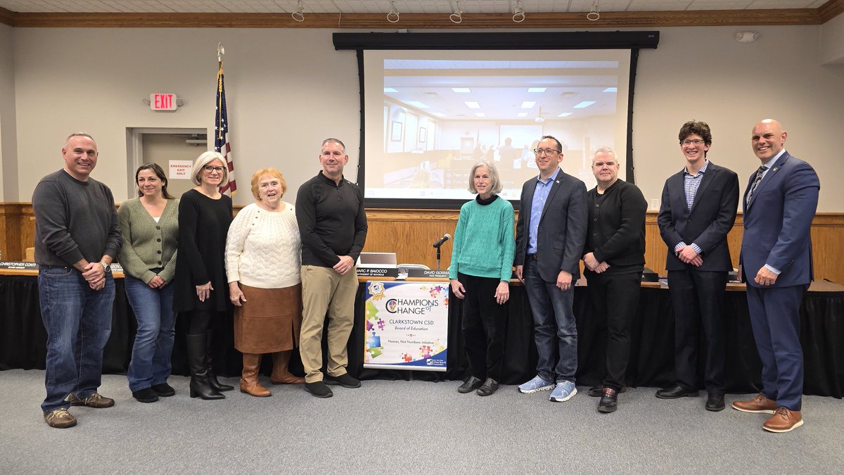 ccsdschools's tweet image. At the November 20, 2025 Board of Education meeting, #ClarkstownCSD was recognized as a Champion of Change by @nyschoolboards for its Names Not Numbers® initiative. Read more about the recognition on FB. #ClarkstownCommitment #Motivated #Innovative #Resilient #Empathetic