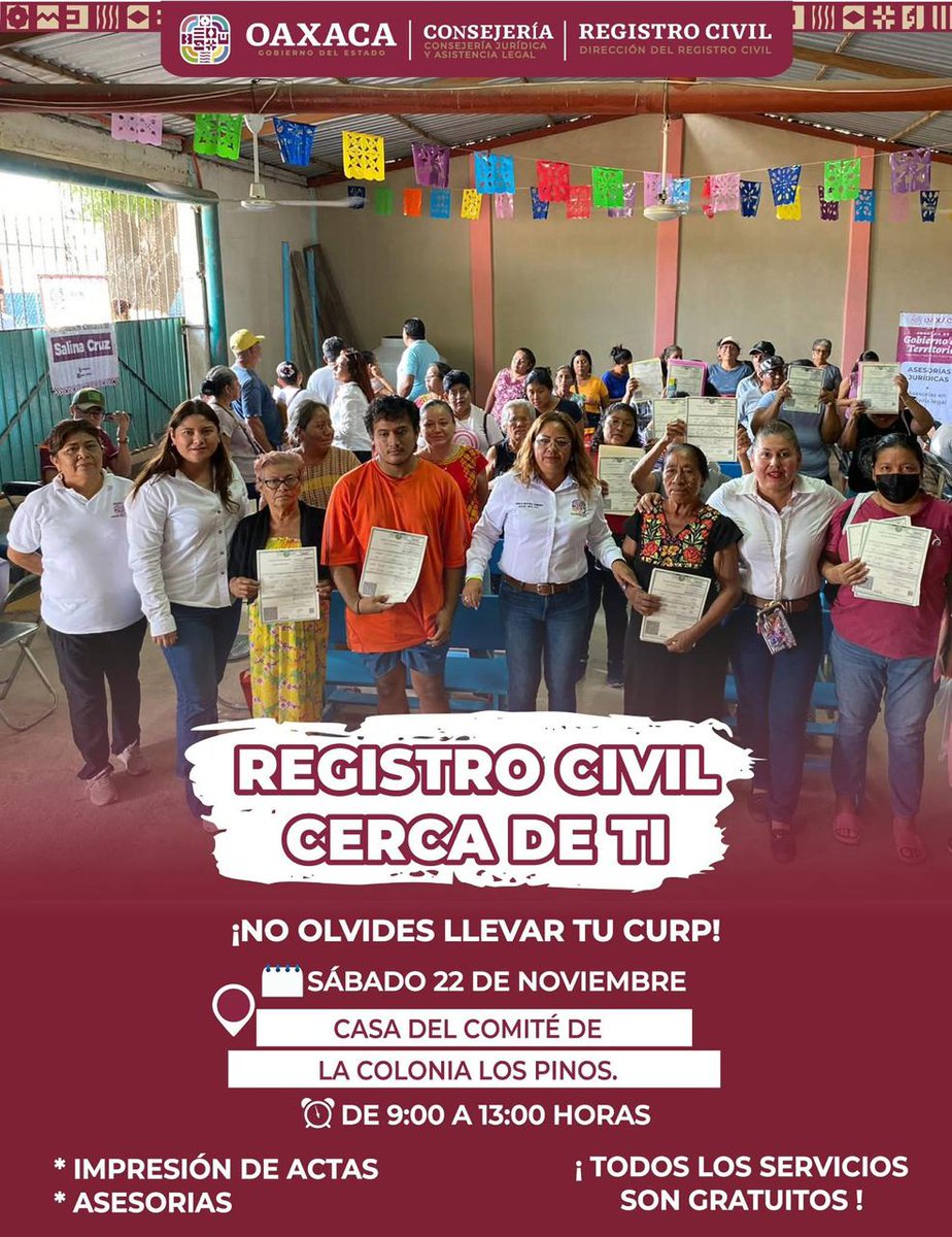 RegCivil_GobOax's tweet photo. Acércate y realiza tus trámites sin salir de tu comunidad:
📝 Actualización de actas 
🔹  Asesorías registrales 

Seguimos garantizando el derecho a la identidad en cada rincón de Oaxaca. 
#PrimaveraOaxaqueña https://t.co/hDoQTjpB1n
