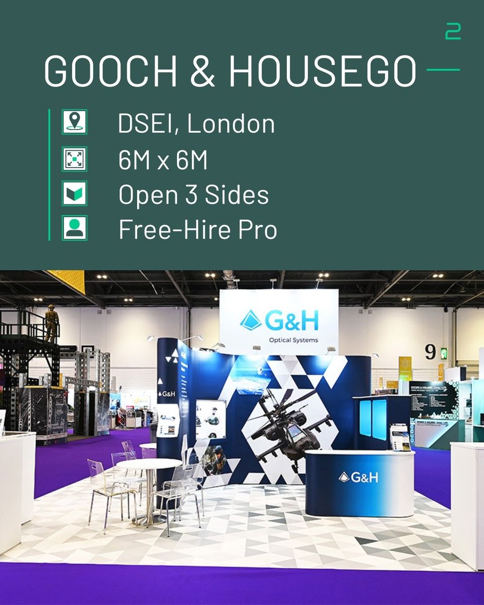 Quadrant2Design's tweet image. Bright 6m x 6m island #exhibition stand for Gooch &amp;amp; Housego at DSEI 2025. 

The stand features:

- High-level branding
- Backlit logo
- Colour changing edgelit acrylic showcases
- AV display
- Illuminated lockable showcase
- Lockable storage area
- Quadrant2Design photo-floor.