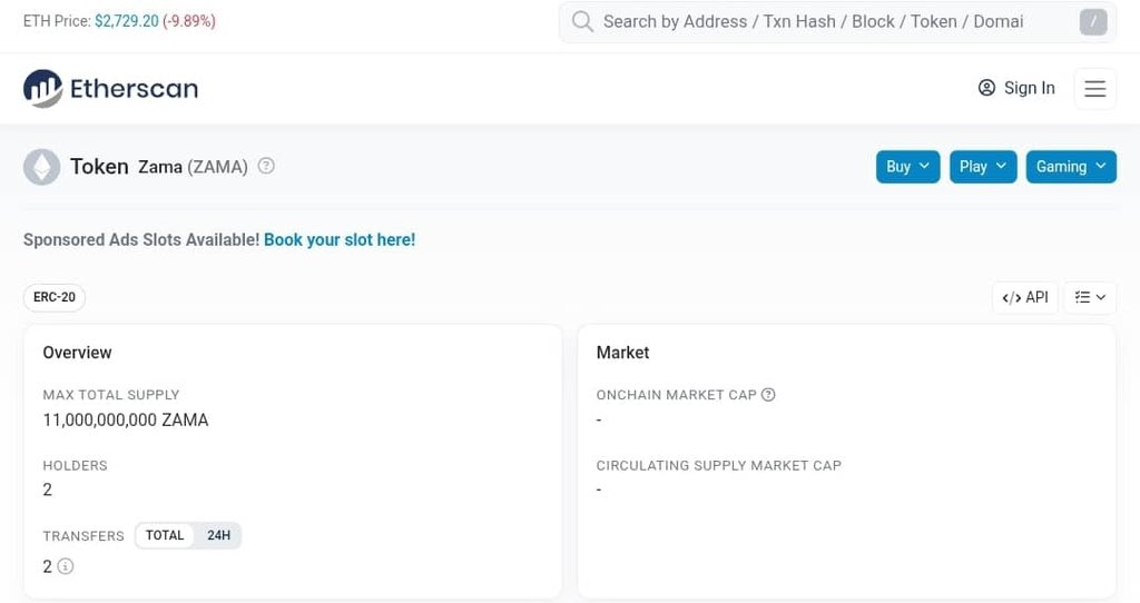 web3drexx's tweet image. Big update on @zama 

The zama governance token $ZAMA has already been deployed 

Contract address: 0xA12CC123ba206d4031D1c7f6223D1C2Ec249f4f3

Total supply: 11B
Chain: Ethereum mainnet 

Circulating supply will be available once launched but the total supply is capped at 11B…