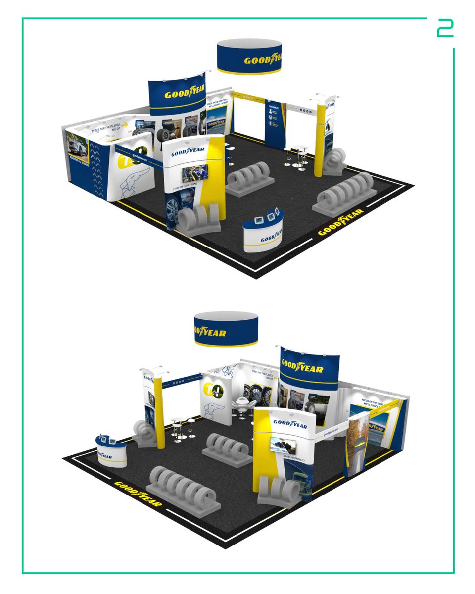 Quadrant2Design's tweet image. Grand 11m x 10m peninsula exhibition stand for The Goodyear Tire &amp;amp; Rubber Company.

The stand features:

- Cylindrical Suspended Banner
- High-level Branding
- Walkthrough Features
- AV Display
- Fret Cut Panel for Sound Dampening in Meeting Area
- Custom Plinths
- Branded…
