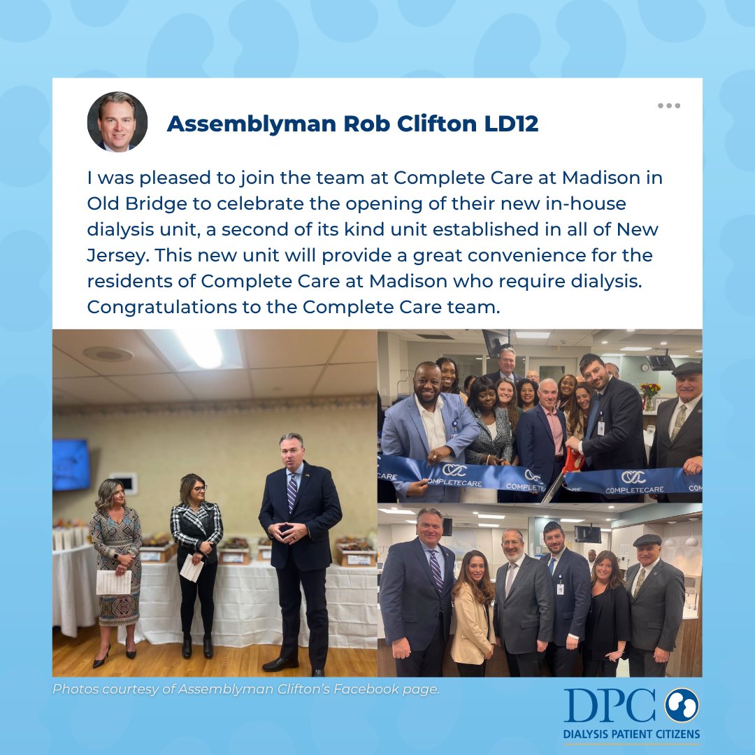 Join us in thanking Assemblyman Rob Clifton of New Jersey for taking the time to attend the opening of a new in-house dialysis unit in his local community. Expanding access to convenient, local kidney care makes a meaningful difference in the lives of dialysis patients. 💙