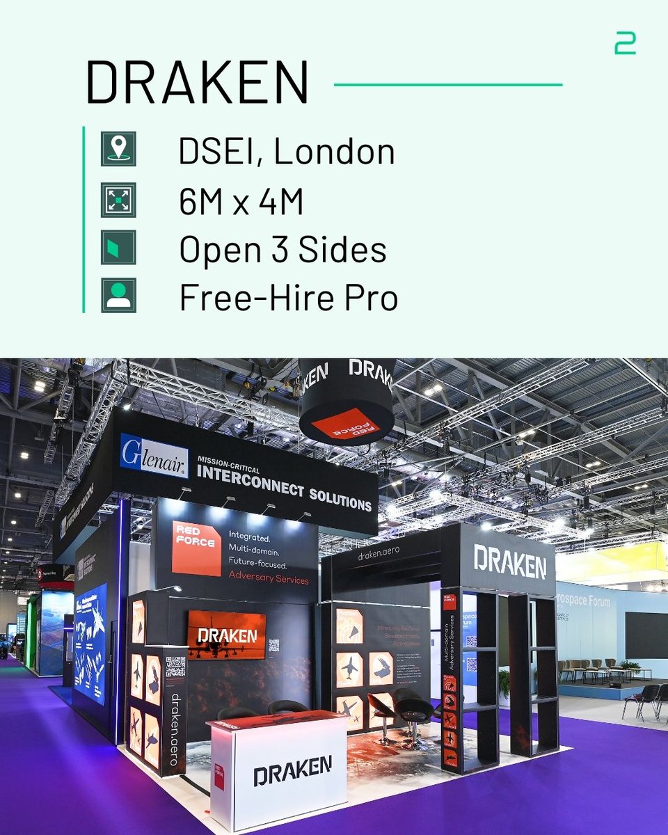Quadrant2Design's tweet image. Powerful 6m x 4m peninsula #exhibition stand for Draken Europe at DSEI 2025.

The stand features:

- High-level Branding
- Branded Plinth Tops
- Suspended Cylindrical Banner
- Branded Counter
- AV Display
- Backlit Logo
- Walkthrough Feature with a Pergola Effect Roof
- Showcases…
