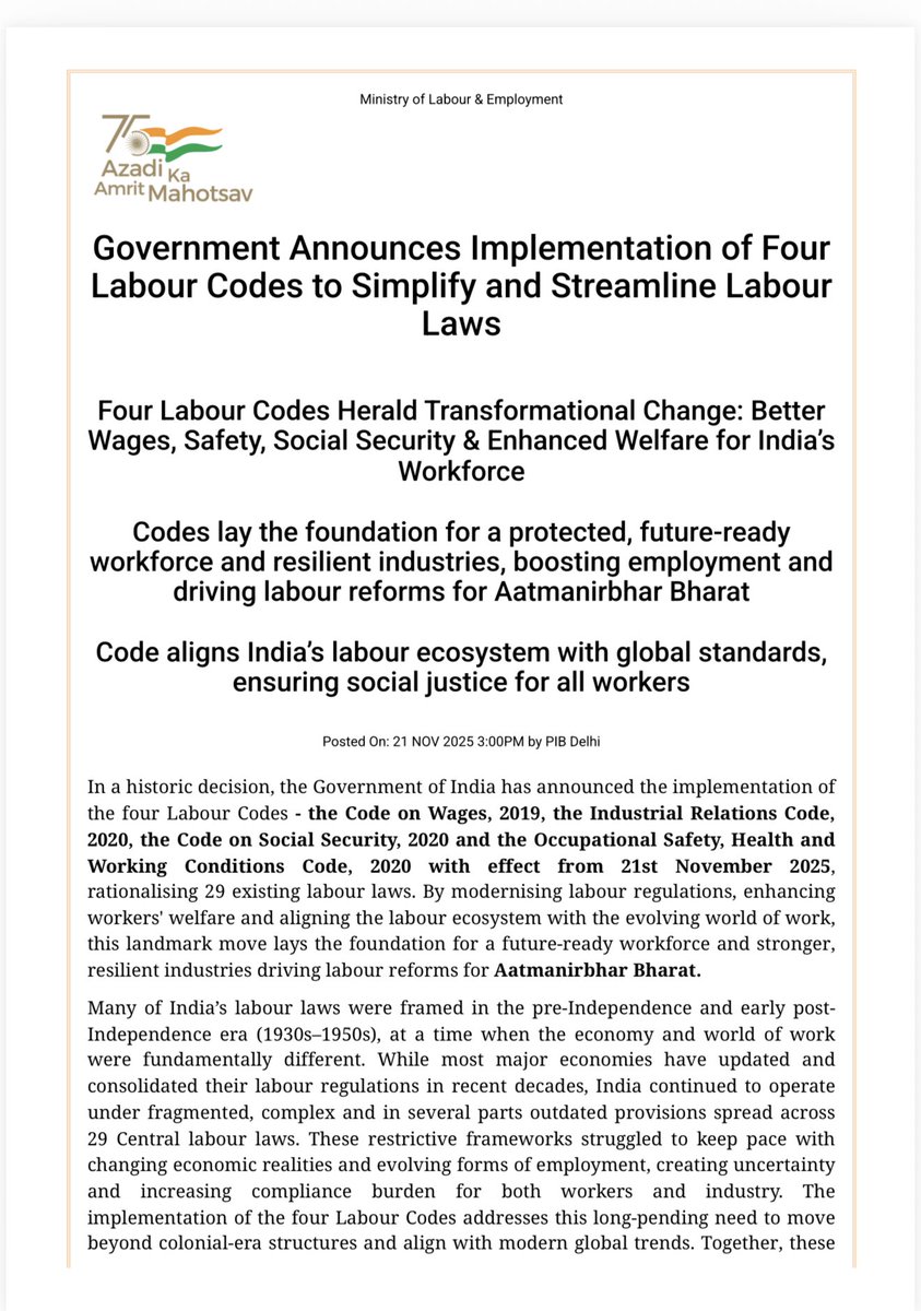 4 new Labour Codes in India mark a new era of empowerment, better wages, safety, and social security for every worker. 🇮🇳 #LabourReforms