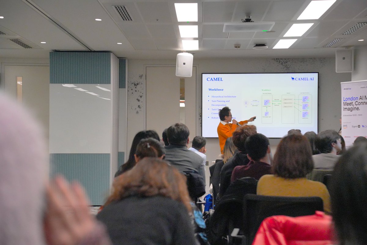 CamelAIOrg's tweet image. Great to collaborate with @dify_ai and @awscloud on the London Meetup!

During the session, we presented “Building the Future of Multi-agent Workforce,” introducing the CAMEL framework through a focused look at the evolution of agents, from early automation to modern LLM-driven…