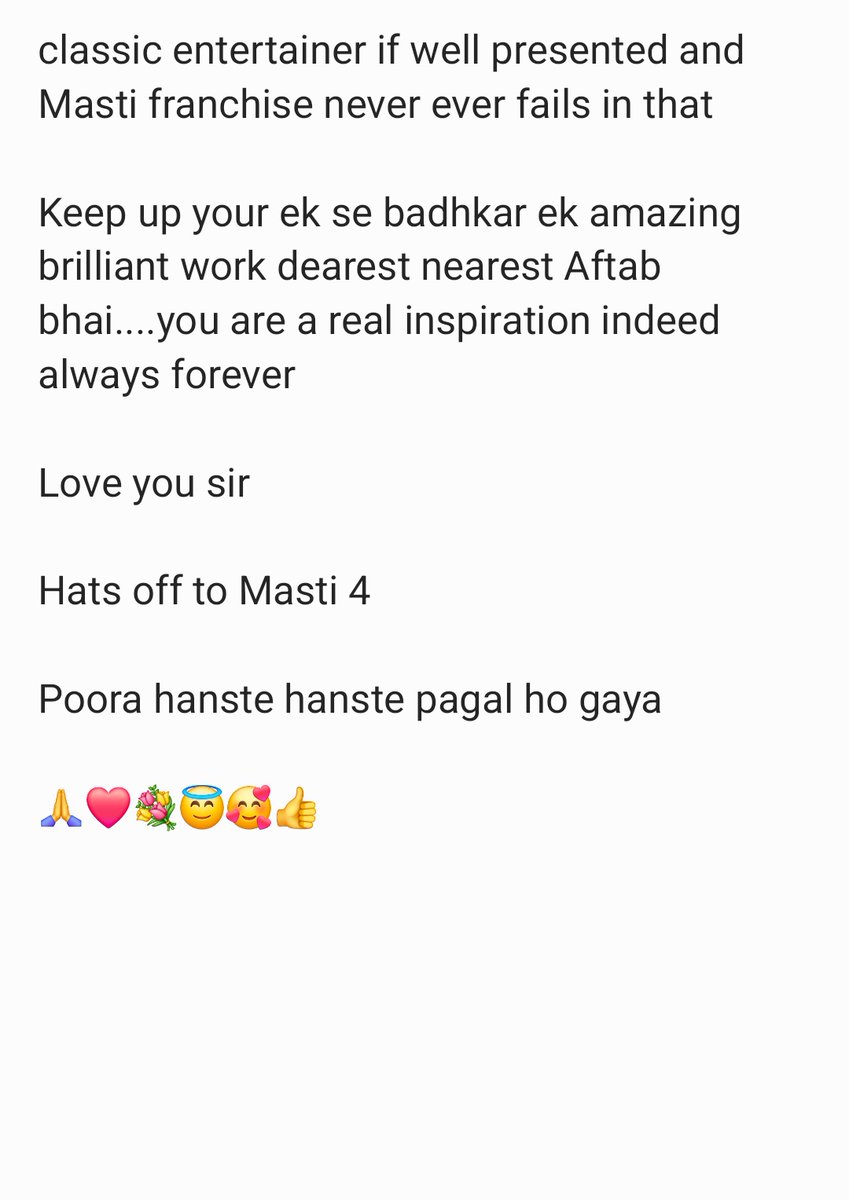 DebojitRockstar's tweet photo. My heartfelt honest feelings as feedback for Masti 4 
@AftabShivdasani sir you are the divinest artist from the entire history of cinema forever....your versatility in terms of acting merit and varieties of roles, genres, characters n shades is unlimitedly unparallel - love you❤️ https://t.co/UNfHuT43PQ