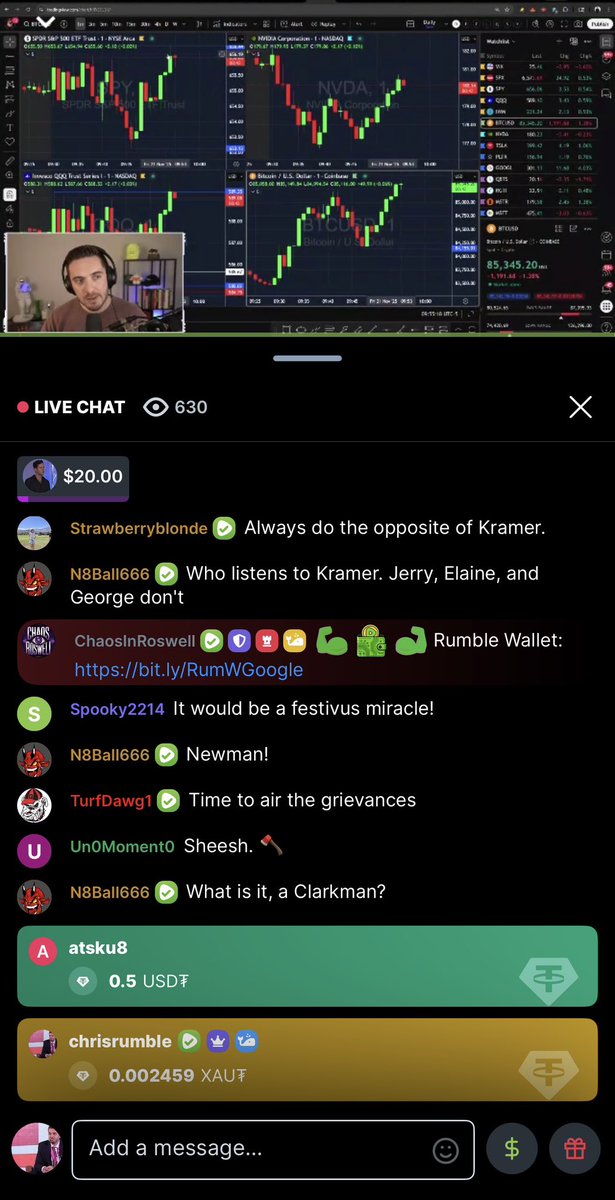 chrispavlovski's tweet image. It’s happening… tips in $BTC $XAUT and $USDT on Rumble.

Testing is only open to Android users and only for a few thousand people.

Rumble Wallet is alive.
