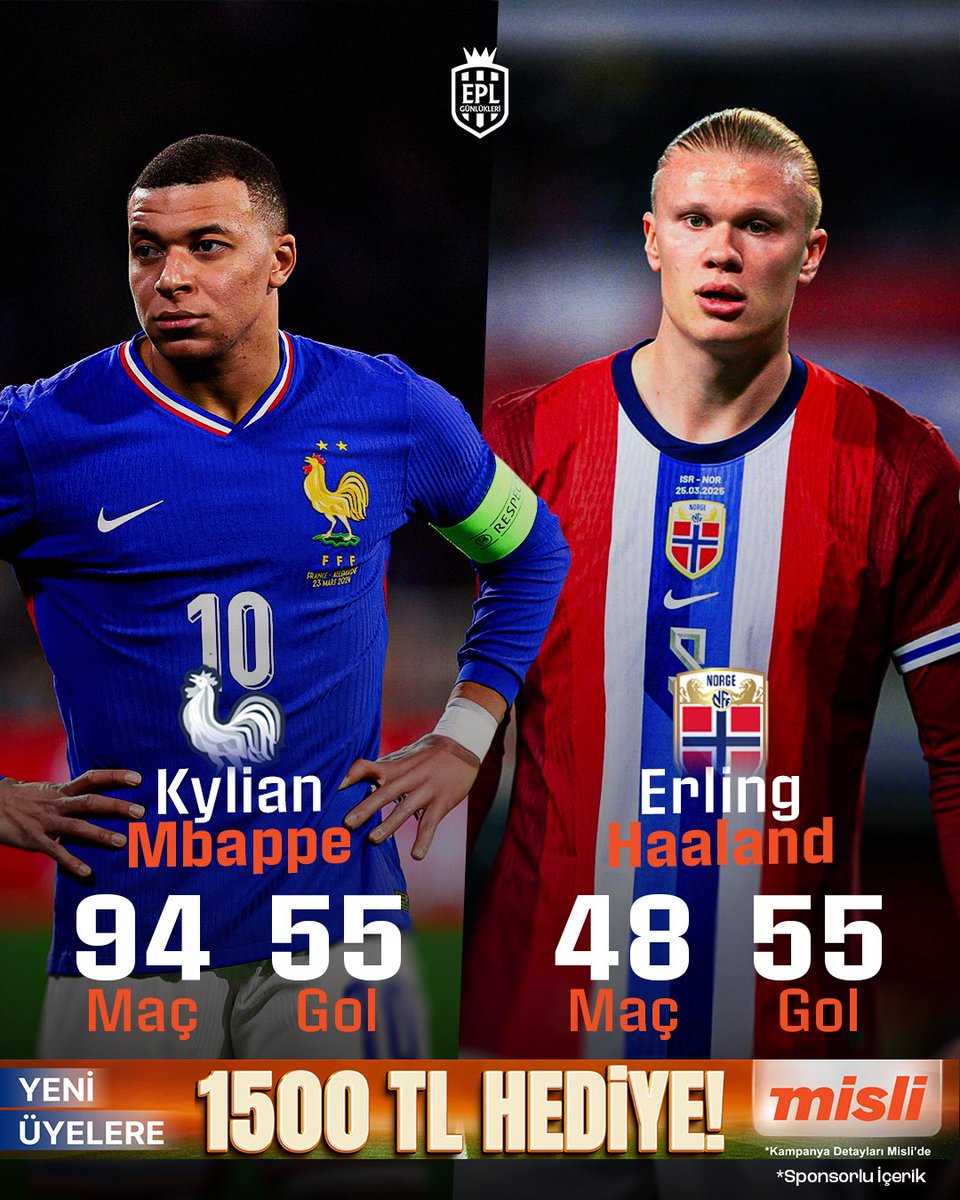 EPL_Gunlukleri's tweet image. 🇫🇷🇳🇴 Kylian Mbappe ve Erling Haaland’ın milli takım karneleri:

Kusura bakma Mbappe, Haaland’ın dönemine denk geldin…