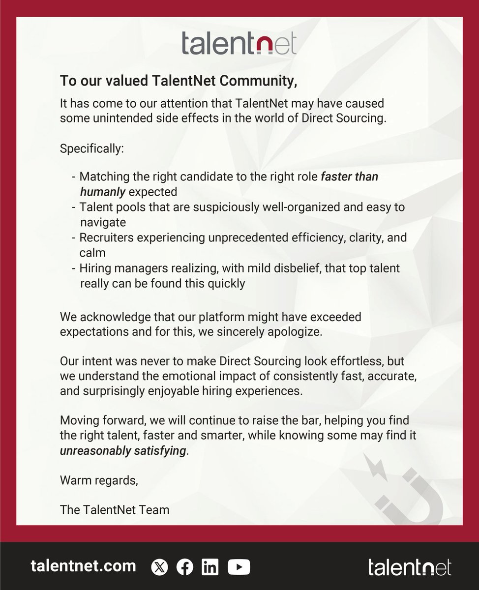 TalentNetInc's tweet image. Oops.

We may have made Direct Sourcing too easy. 

Below is our official apology letter. 

#DirectSourcing #TalentAcquisition  #ContingentWorkforce