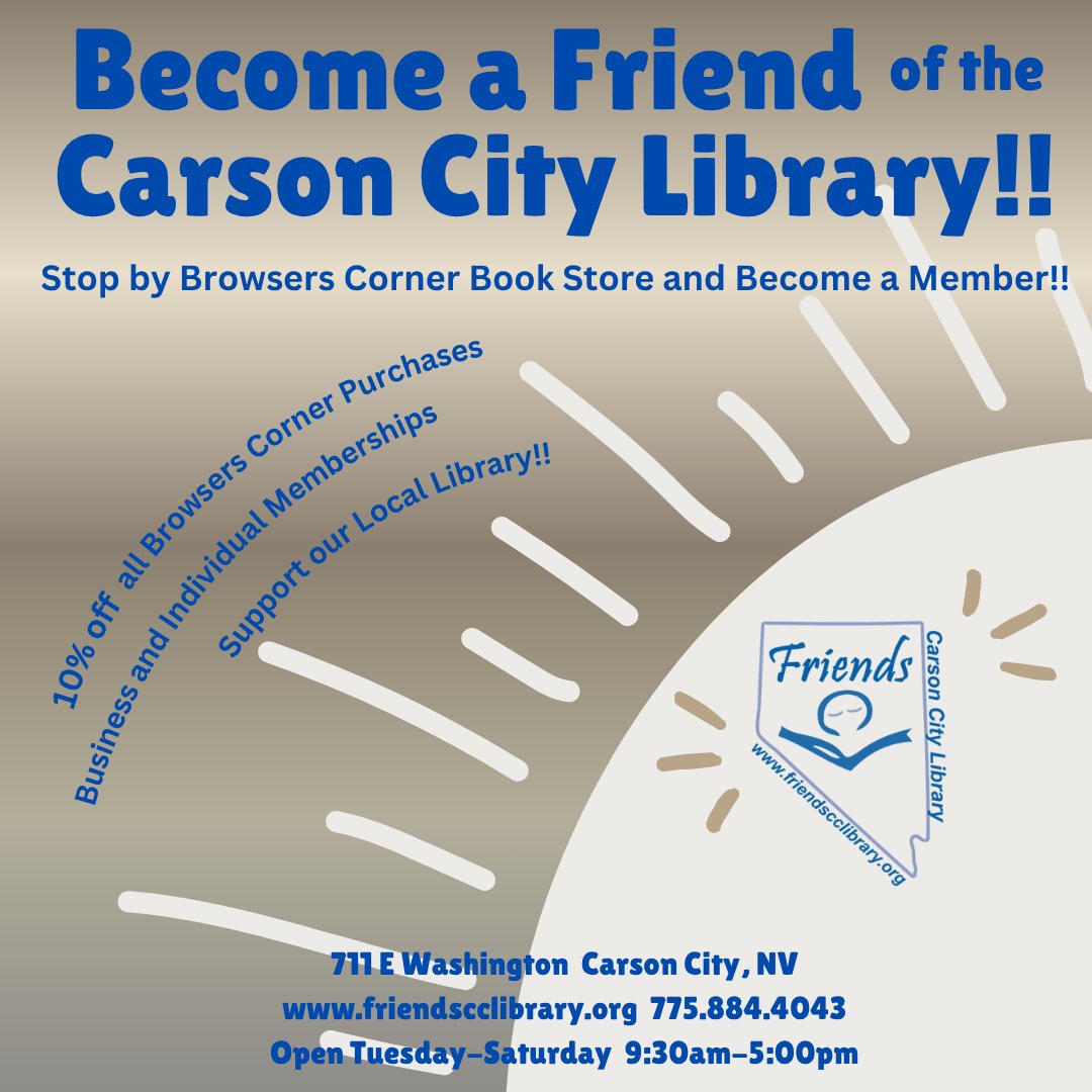 friendsofcclib's tweet image. Support your local library by becoming a member of the Friends of the Carson City Library. FOCCL operates Browsers Corner Book Store where all items sold are donated by the community and up to 95% of the net proceeds go to the Carson City Library to support their programming.