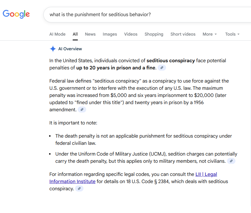 SeanOdenell's tweet image. @SenateGOP @SenateDems @realDonaldTrump @POTUS 
so quick google search to say everyone some time since @grok is refusing to answer the question. 
its actually not punishable by death. 
20 years max and a fine. 
Now that we cleared that up. 
who is going to prison for 20 years?