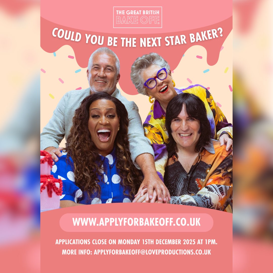 *Info*

Have YOU got what it takes to be the next Star Baker? 🍰

<a href="/LoveProductions/">Love Productions</a> are looking for home bakers for the next series of The Great British Bake Off!

Apply now at applyforbakeoff.co.uk or email applyforbakeoff@loveproductions.co.uk by 15 Dec at 1pm

<a href="/BritishBakeOff/">British Bake Off</a>