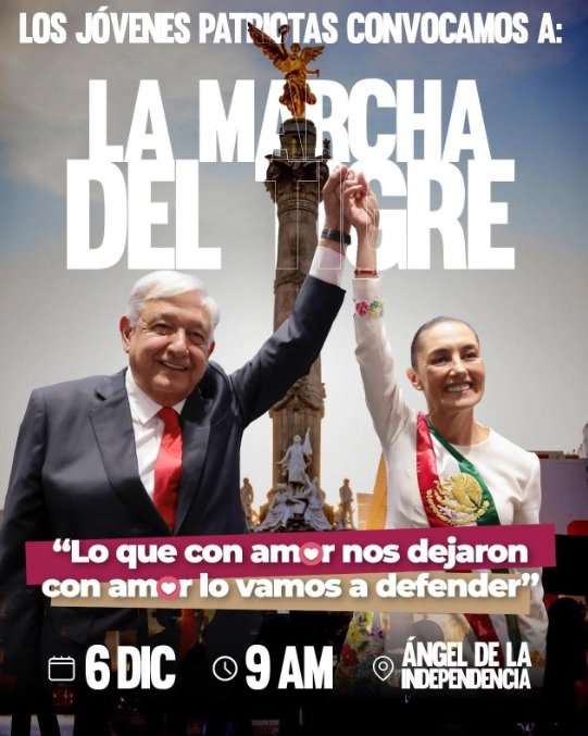 Nosotros no tenemos a los grandes medios de comunicación de nuestro lado, así que nos corresponde difundir x todos lados el llamado para la próxima "MARCHA DEL TIGRE" en la que el pueblo demostrará su respaldo al Gobierno de México. Por amor, soberanía y unidad 🇲🇽 #MarchaDelTigre