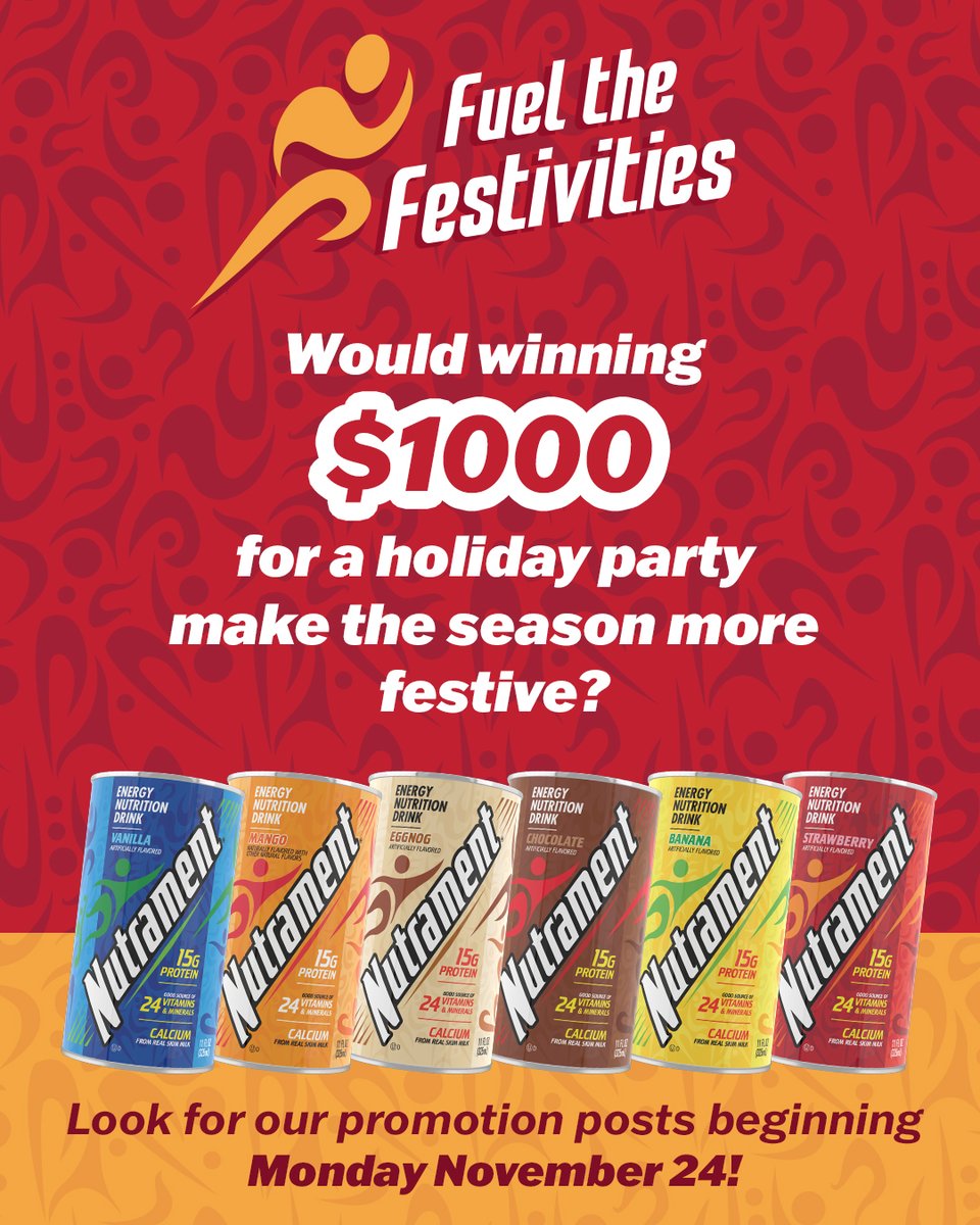 nutrament's tweet image. READY FOR A Holiday Party? 🎉 Watch for our posts beginning Monday, November 24, for a chance to Fuel the Festivities with great prizes, including a $1,000 gift card! Must be 18+ to enter.​

Official Rules: nutrament.com/rules #Nutrament #FuelYourNow #FuelTheFestivities