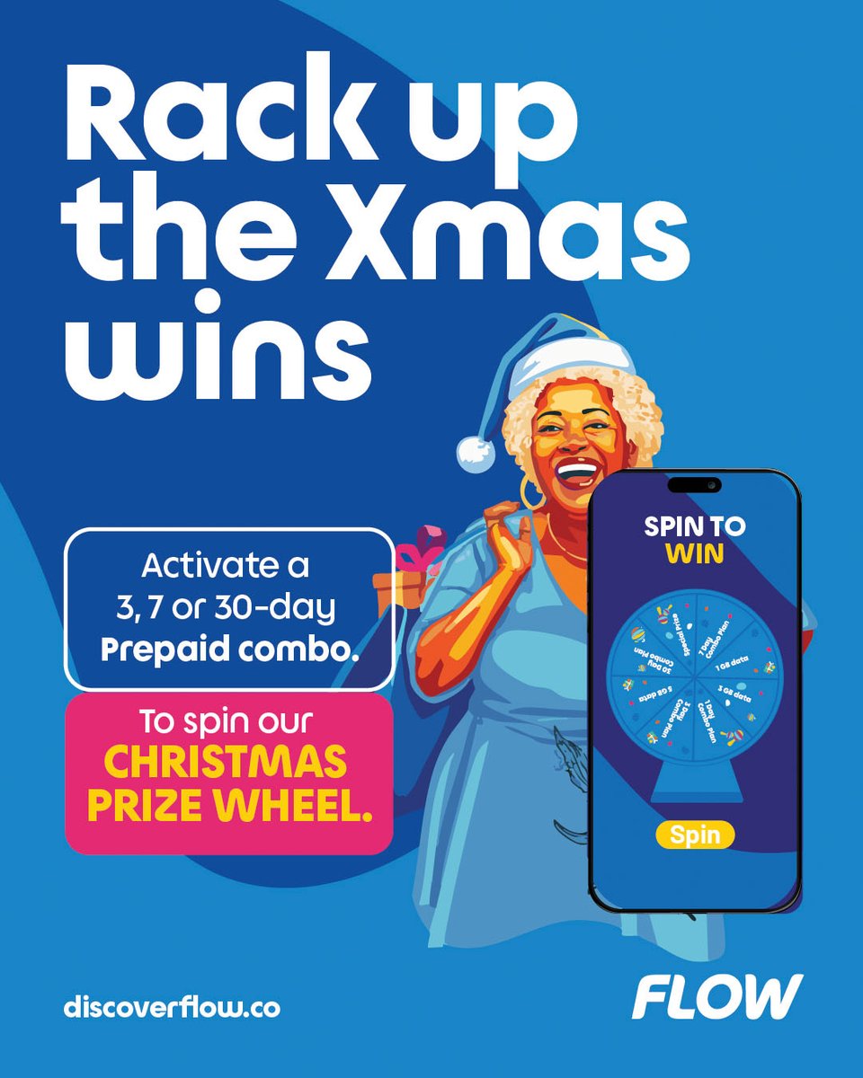 Kickstart your Christmas wins the easy way. 🎄
Activate a 3, 7, or 30-day Prepaid combo plan and take a spin on our Prize Wheel for a festive surprise!💙
#FlowChristmas #ChristmasRiddim