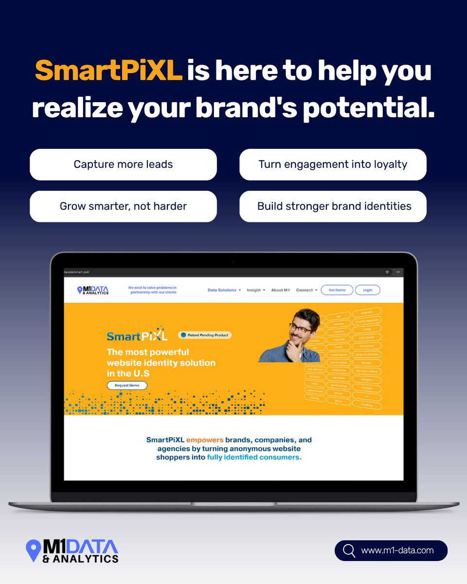 M1Data's tweet image. 𝗬𝗼𝘂𝗿 𝗯𝗿𝗮𝗻𝗱 𝗱𝗲𝘀𝗲𝗿𝘃𝗲𝘀 𝗱𝗮𝘁𝗮 𝘁𝗵𝗮𝘁 𝘄𝗼𝗿𝗸𝘀 𝗵𝗮𝗿𝗱𝗲𝗿.

💡 With SmartPiXL, you can:
✔️ Capture more leads
✔️ Turn engagement into loyalty
✔️ Build a stronger, smarter brand

Stop guessing. Start growing with SmartPiXL by M1Data.

Message us to learn more