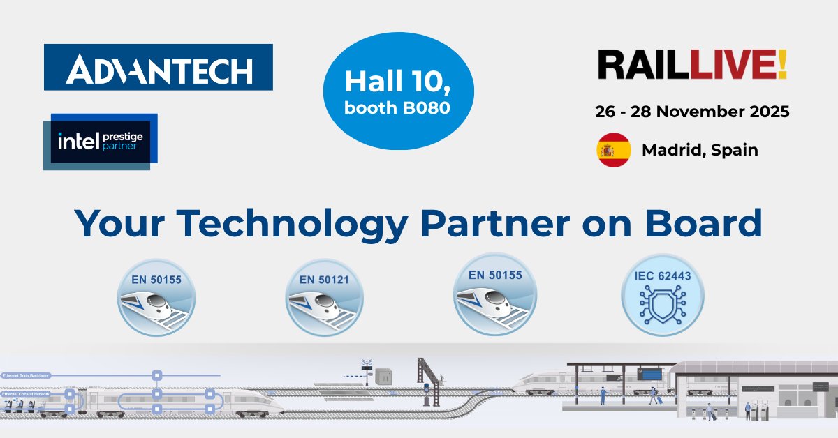 Advantech_IIoT's tweet image. In the railway sector, reliability is built on proven standards.
 
That’s why industry-leading certifications matter - they ensure safety, reliability, and resilience in every journey. Visit us next week in Madrid at Rail Live to discover how certified solutions keep railways…
