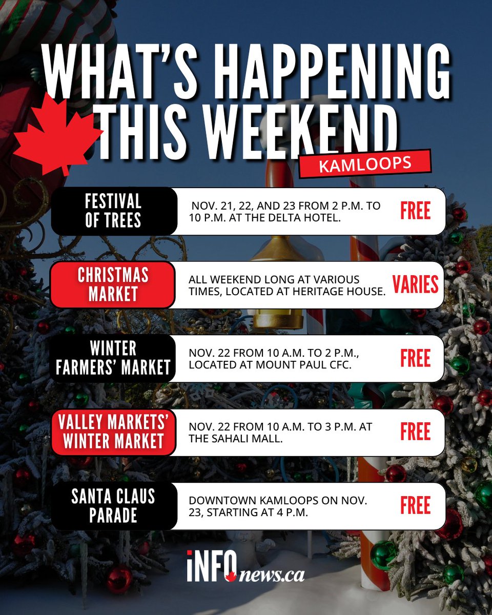 InfoNewsKam's tweet image. Get festive at these local events this weekend. Here are the top five, can’t miss events.

Check out more events: infonews.ca/news/7432985/w…

#localevents #kamloops