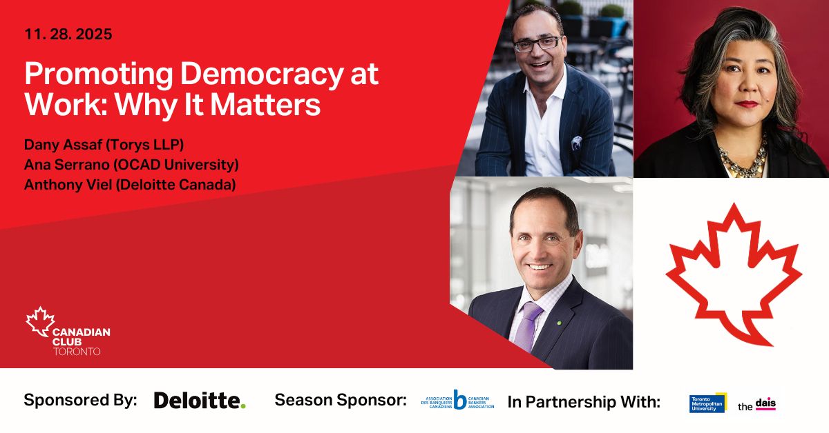 daisTMU's tweet image. Workplaces are trusted spaces, and key to strengthening civic engagement and democracy. 

Join us on November 28 with @CdnClubTO  to explore how leaders can support informed, engaged employees.

canadianclub.org/events/promoti…

#Leadership #Democracy #Canada