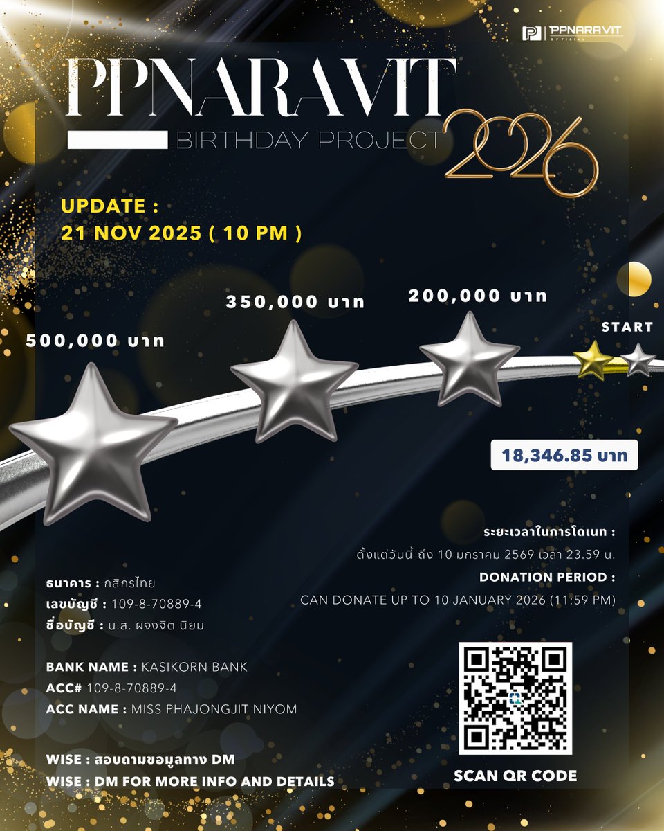 ✨ 𝐏𝐏𝐍𝐀𝐑𝐀𝐕𝐈𝐓 𝐁𝐈𝐑𝐓𝐇𝐃𝐀𝐘 𝐏𝐑𝐎𝐉𝐄𝐂𝐓 𝟐𝟎𝟐𝟔

UPDATE : 21 Nov 2025 ( 10 PM )
🌟 18,346.85 THB

Can donate up to 10 January 2026

รายละเอียดเพิ่มเติมในแบบฟอร์ม
🔗 forms.gle/XN8e6ocfhkxjSy…

#ppnaravit 
#PPNaravitBDProject2026