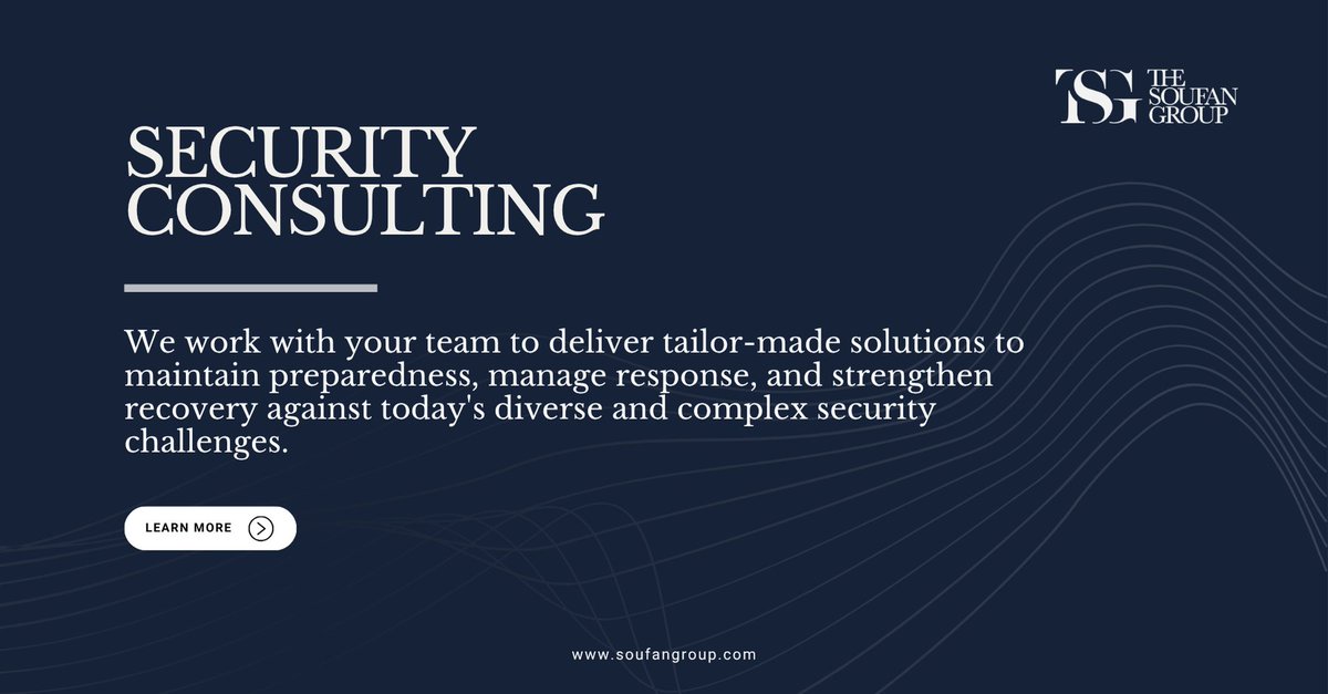 TheSoufanGroup's tweet image. We work with your team to deliver tailor-made solutions to maintain preparedness, manage response, and strengthen recovery against today&apos;s diverse and complex security challenges.

#SecurityConsulting | soufangroup.com/services/secur…