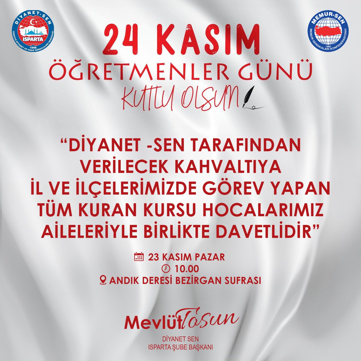 📌Kahvaltıda Buluşuyoruz. 
Kıymetli Hocalarım. 
Öğretmenler günü dolayısı ile, Kur'an Kursu Hocalarımızı eş ve çocukları ile birlikte kahvaltıya bekliyoruz. 

Yer:Bezirgan Sufrası (Andık deresi) 
Saat: 23 Kasım 2025
 Pazar saat 10.00