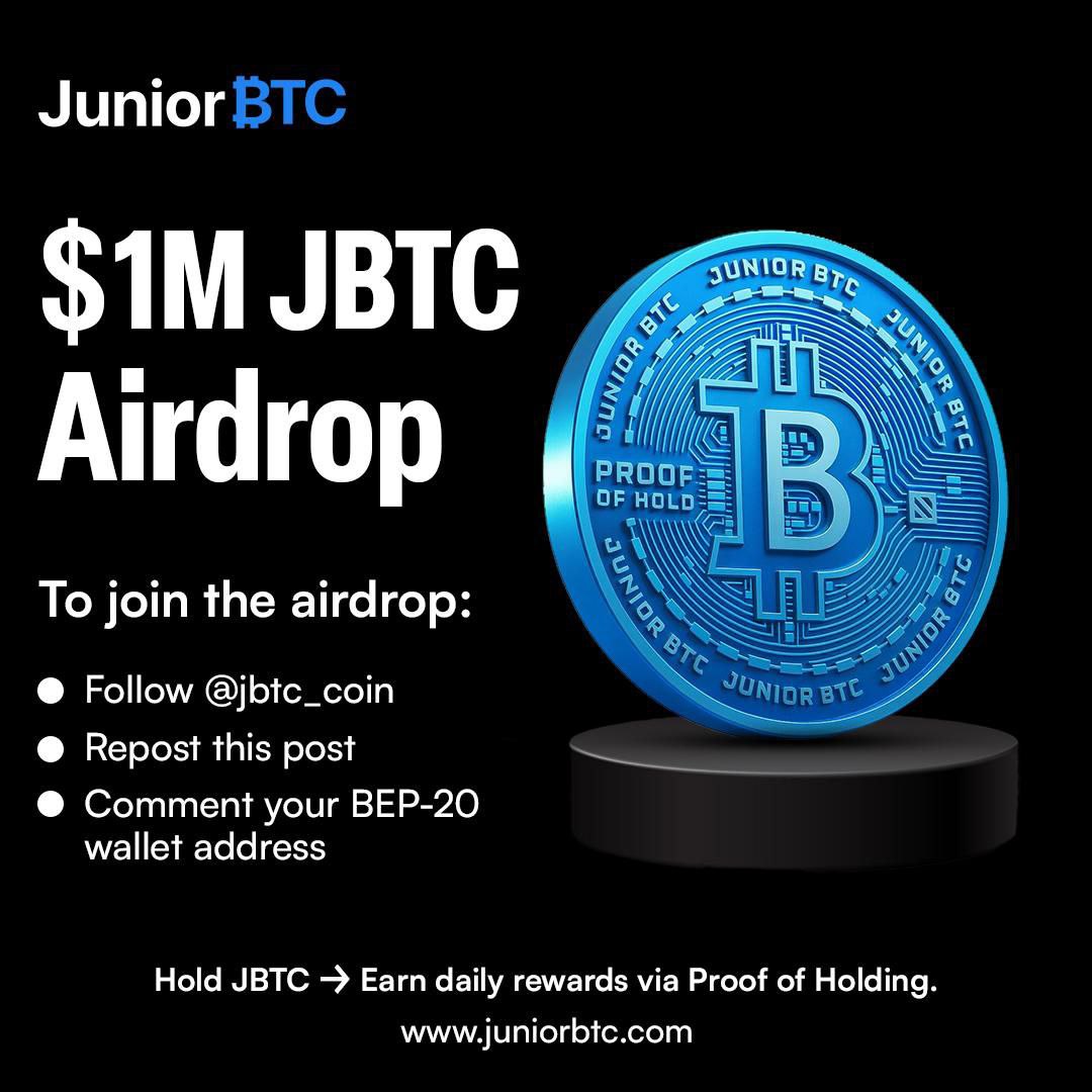 cryptowarrior_c's tweet image. The $1M JBTC Airdrop has begun.
100,000 users will receive JBTC tokens.

To participate:
1️⃣ Follow @jbtc_coin
2️⃣ Repost this
3️⃣ Reply with your BEP-20 wallet

Hold JBTC → Earn daily via Proof of Holding.