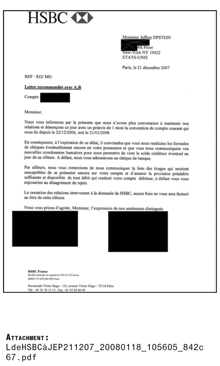 JasonLeopold's tweet image. NEW/EXCLUSIVE: A French branch of HSBC closed a bank account maintained by Jeffrey Epstein in 2007 after compliance officers flagged transactions for suspicious activity, including payments tied to a modeling agent later accused of rape &amp;amp; sex trafficking

The previously…