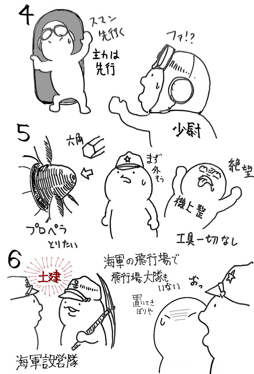 ④着陸に失敗し、プロペラが曲がったヒコーキと一緒に少尉＋空中勤務者＋便乗者が海軍の飛行場に取り残される状況が発生。
⑤飛行場大隊もおらず、主な整備工具は戦隊主力が持って行ってしまった。
⑥絶望し虚無的になっていると、近くに飛行場を作り終わった海軍設営隊が居るらしいとの情報が入る。