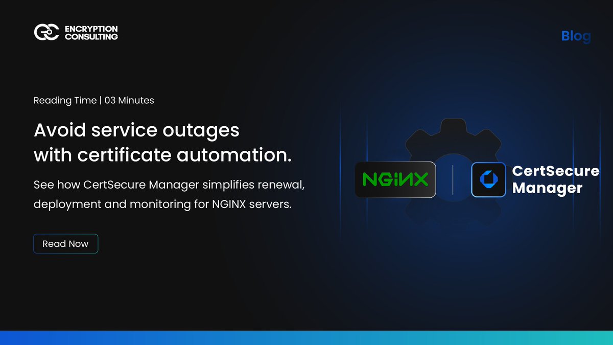 encryptioncons's tweet image. Say goodbye to certificate downtime, automate it! Discover how Encryption Consulting’s CertSecure Manager makes SSL/TLS renewals effortless for NGINX. With the NGINX Renewal Agent, you can seamlessly renew and redeploy certificates. 

No more manual toil, no more risk of…