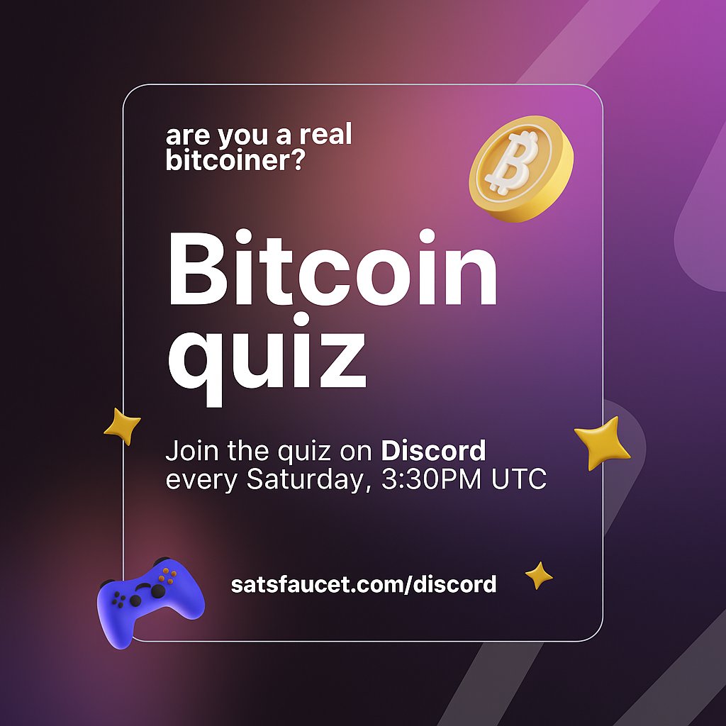 satsfaucet's tweet image. Are you a real bitcoiner❓
Show your knowledge and try to earn some sats Tomorrow!  

Join the quiz on Discord every Saturday 👉 satsfaucet.com/discord 

#BitcoinQuiz #StackSats #SatsFaucet