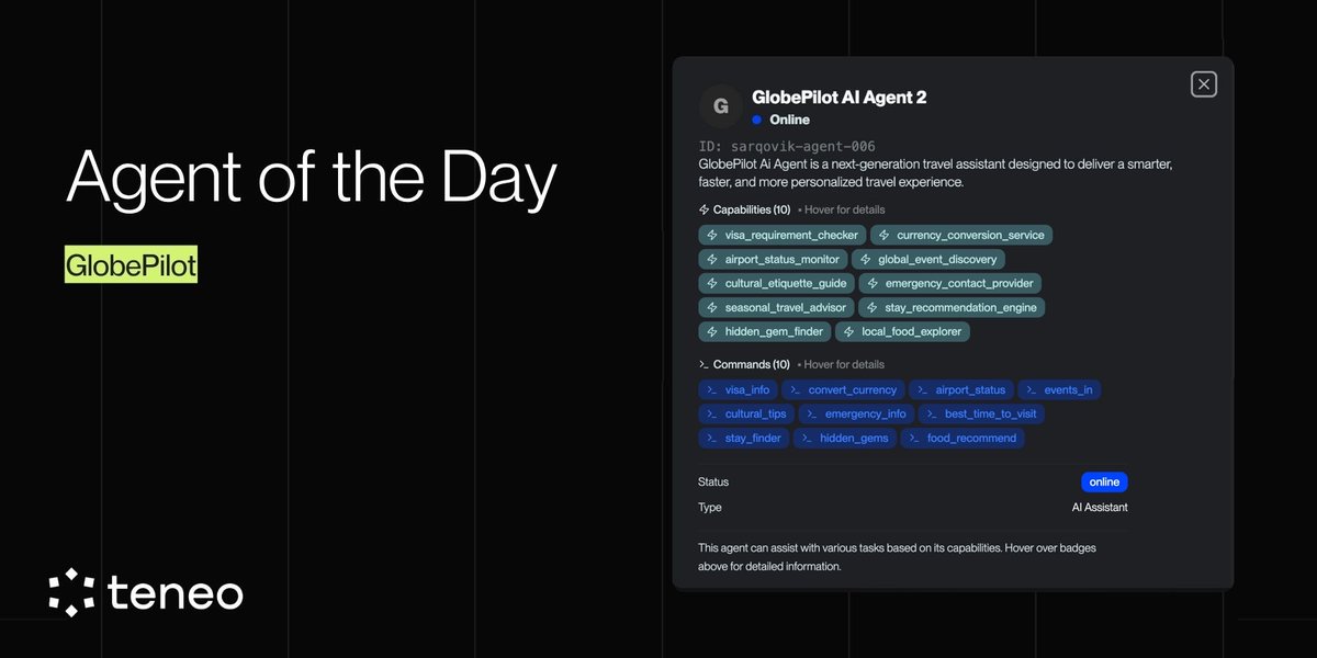 teneo_protocol's tweet image. 𝗔𝗴𝗲𝗻𝘁 𝗼𝗳 𝘁𝗵𝗲 𝗗𝗮𝘆: 𝗚𝗹𝗼𝗯𝗲𝗣𝗶𝗹𝗼𝘁

This one isn’t about charts or swaps. It’s about movement.

GlobePilot is an Agent built for people who want their travel planning to actually feel effortless.
It listens, learns your style, and turns scattered signals into…